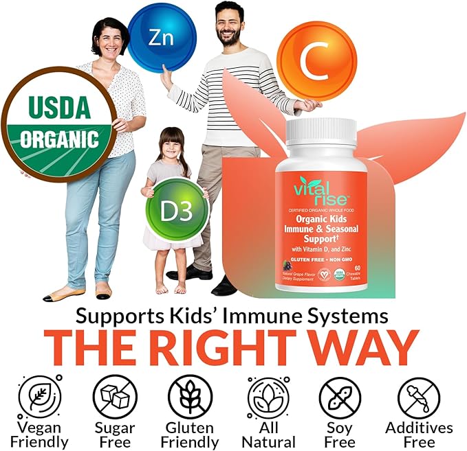 Kids Immune Support Chewables – USDA Organic – Vitamin C, D3, Zinc Supplements & Elderberry – Vegan, Non-GMO, Gluten Free – Seasonal Immune Defense for Children Ages 4+ – 60 Count