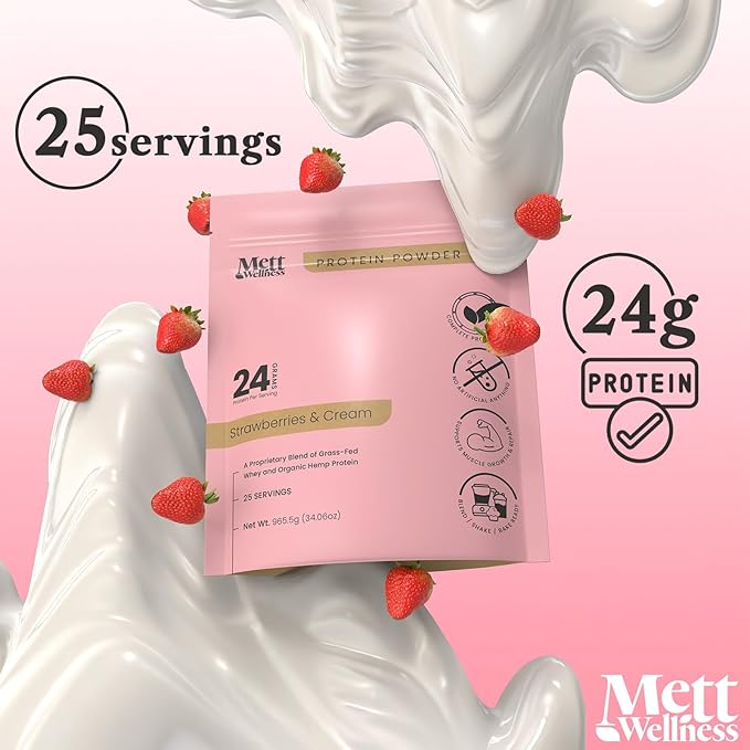 Strawberries & Cream Grass-Fed Whey + Hemp Heart Protein Powder with Bovine Collagen | 24g Protein per Serving | Supports Digestion & Daily Wellness | 1.5 lbs (25 Servings)