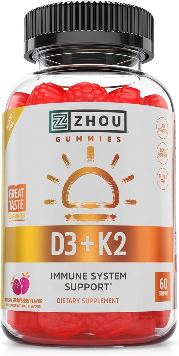 Zhou D3+K2 - Vitamin D3 K2 Supplement for Women & Men, Immune Support Vit D3 and K2 Gummy, Gelatin Free Formula with 5000 IU of D3 and MK-7 - 60 Veggie Gummies (Pack of 1)