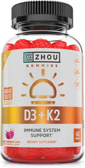 Zhou D3+K2 - Vitamin D3 K2 Supplement for Women & Men, Immune Support Vit D3 and K2 Gummy, Gelatin Free Formula with 5000 IU of D3 and MK-7 - 60 Veggie Gummies (Pack of 1)