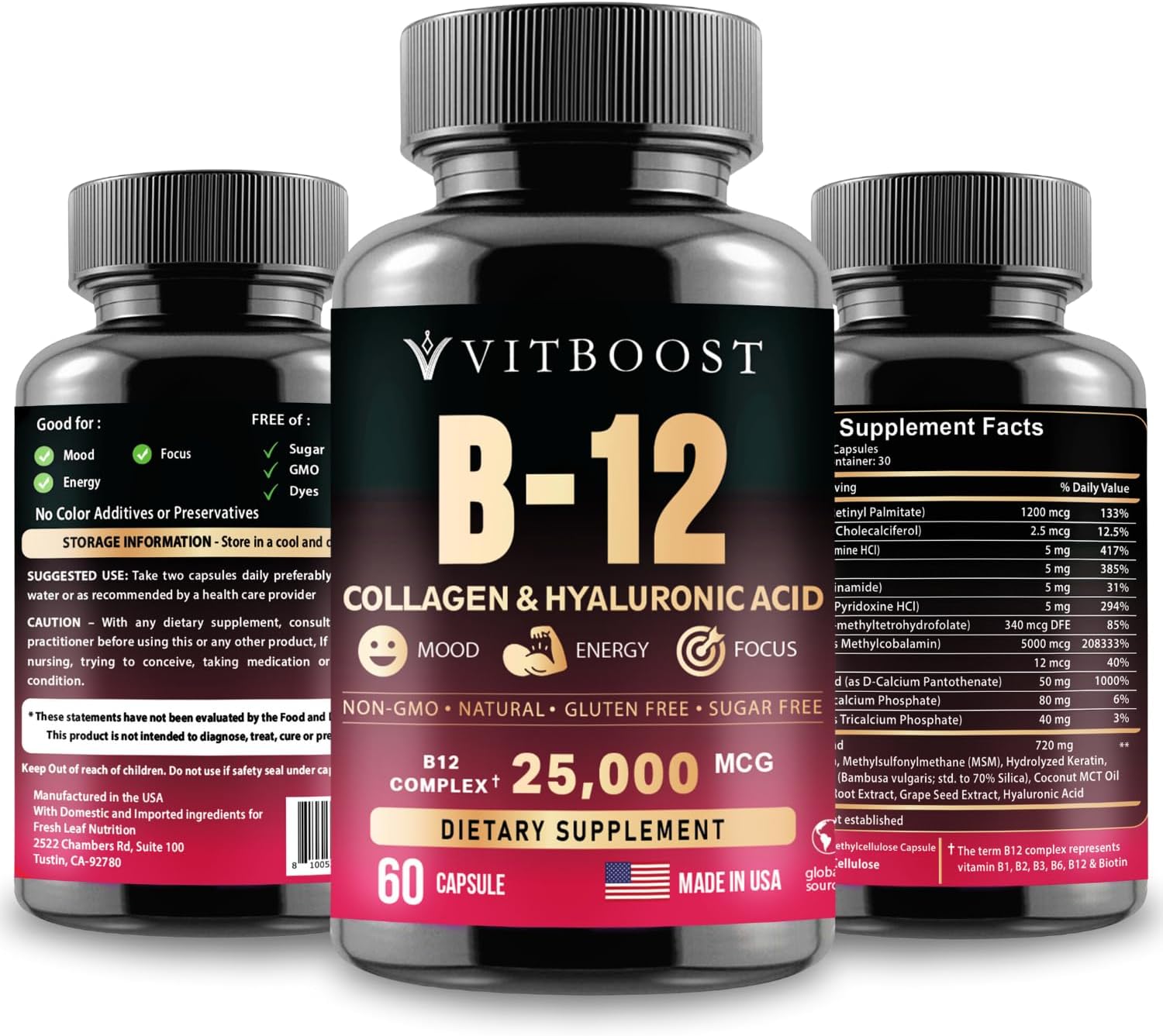 B12 with Hyaluronic Acid, Collagen and Folate – 25000 mcg B12 Complex | Maximize Absorption & Energy | Gluten Free USA Made, B1, B2, B3, B6, B7, B12 vitamins 5000 mcg Methylcobalamin - 60 Capsules