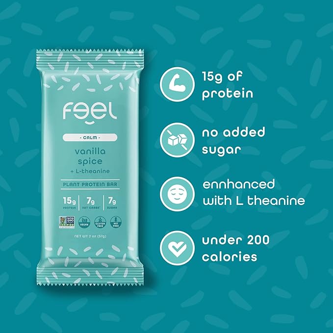 Feel Vegan Protein Bars, Calm, Kava, 15g Protein, Adaptogenic Snack, Organic, Low Sugar, Low Carb, Gluten Free, Dairy, Nut, Grain, Soy Free, Vanilla Spice, 10 Pack