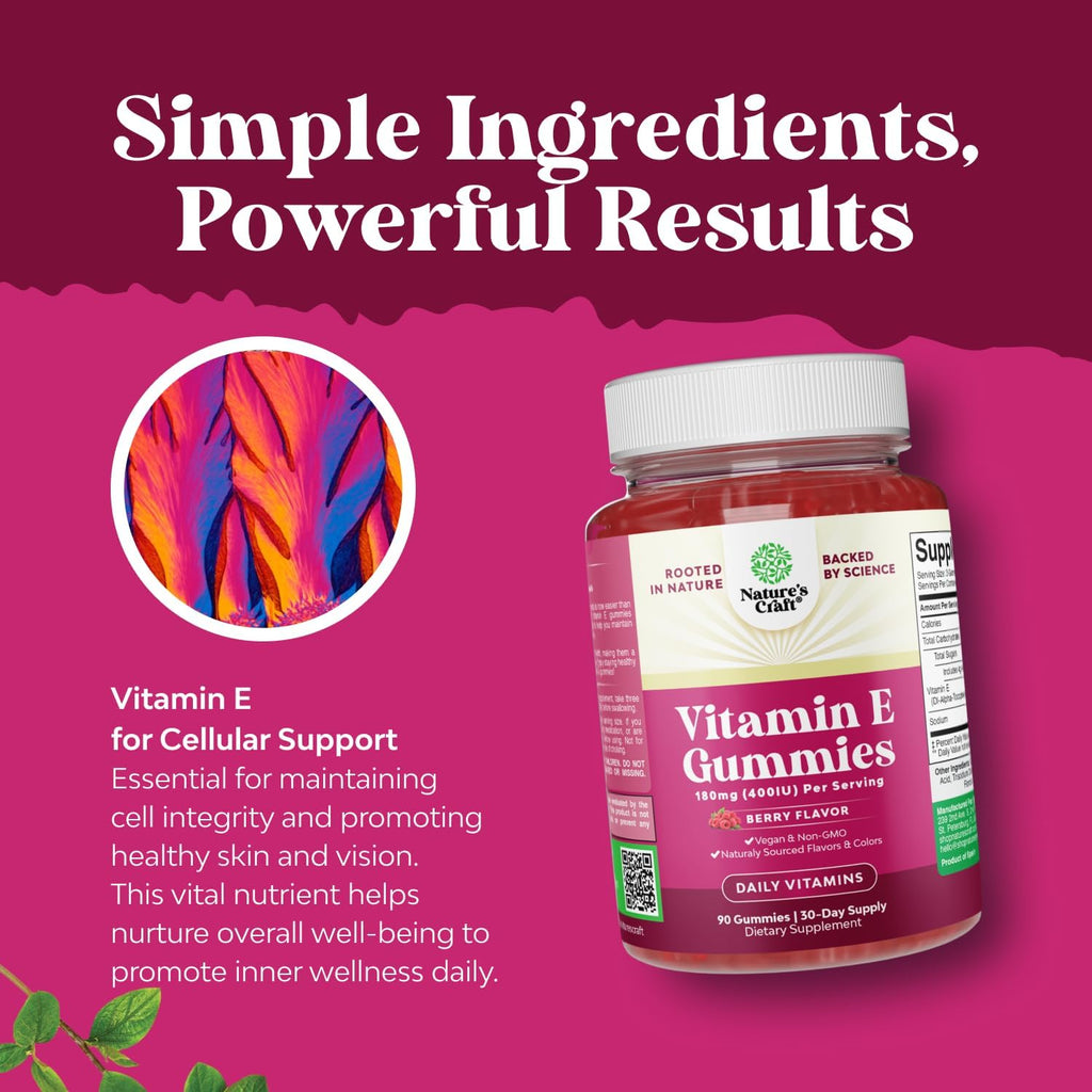 Natures Craft Vitamin E Gummies for Skin Care - High-Potency Vitamin E 400 IU Skin Supplement - Delicious & Easy-to-Take Supplement Promote Health Immune Support & Cellular Protection (1 Month)