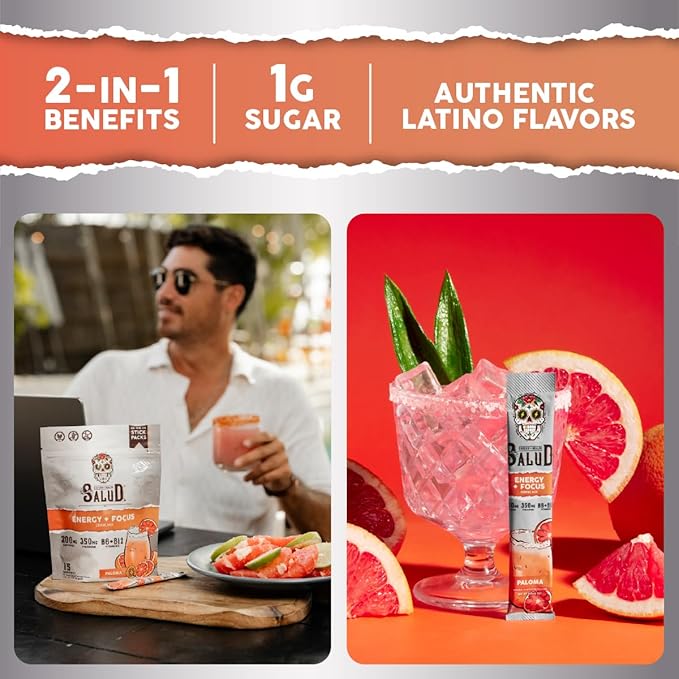 Salud 2-in-1 Energy Drink Powder + Focus, Paloma, Organic Caffeine, B6 + B12, Theanine, Clean Energy Drink Packets, Agua Fresca Mix, Non-GMO, Gluten Free, Vegan, 1g of Sugar, (15 Servings)