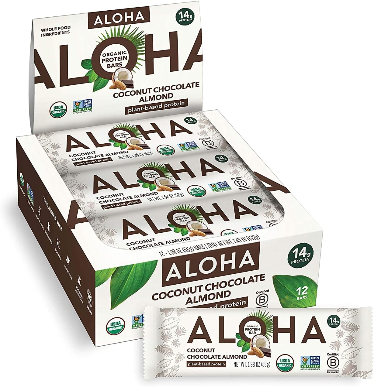 ALOHA Organic Plant Based Protein Bars, Coconut Chocolate Almond, 1.98-Ounce Bars (Pack of 12)