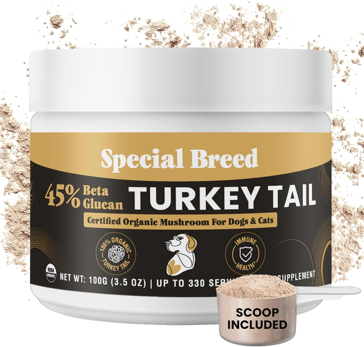 Organic Turkey Tail Mushroom for Dogs & Cats - Hot Water Extracted 45% Beta-Glucan USDA Mushroom Powder for Immune Support, Gut Health, Holistic Defense - No Fillers, Made in The USA - 330 Scoops