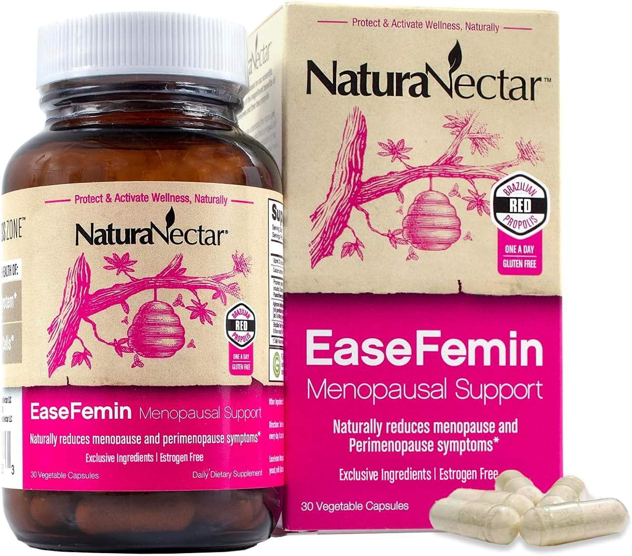 NaturaNectar - EaseFemin Menopausal Support Supplements for Women - Estrogen-Free Red Bee Propolis Capsules for Hot Flashes & Night Sweats - Natural and with Proprietary Calming Herbal Blend (30pcs.)