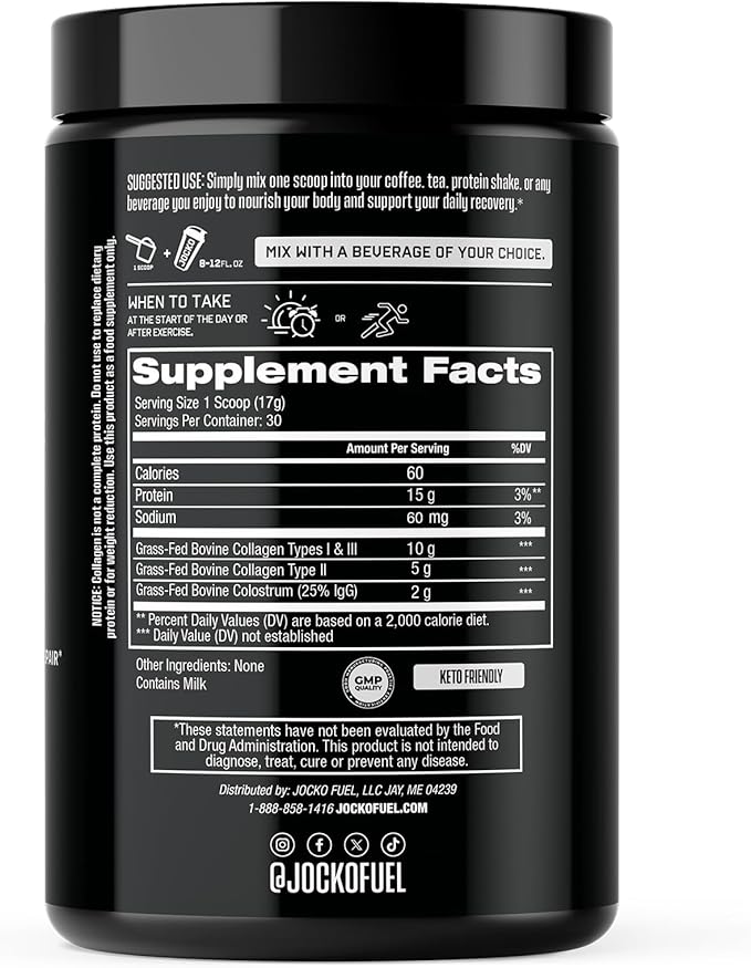 Jocko Fuel Collagen Powder with Colostrum – 15g Hydrolyzed Collagen + 2g First-Milking Colostrum – Dual Action for Gut Health, Joint Support, and Immune Defense – Recovery Supplement (30 Servings)