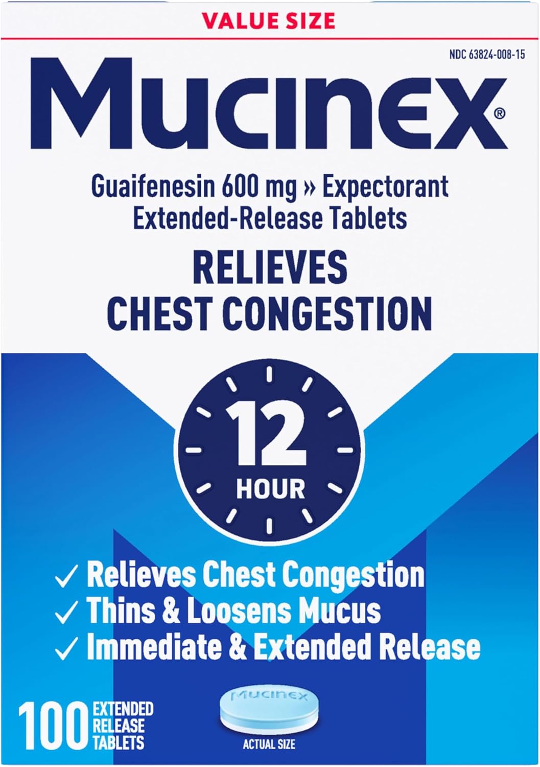 Mucinex 12 Hour 600 mg Guaifenesin Extended-Release Tablets for Excess Mucus Relief, Expectorant Aids Excess Mucus Removal, Chest Congestion Relief, 100 Bi-Layer Tablets