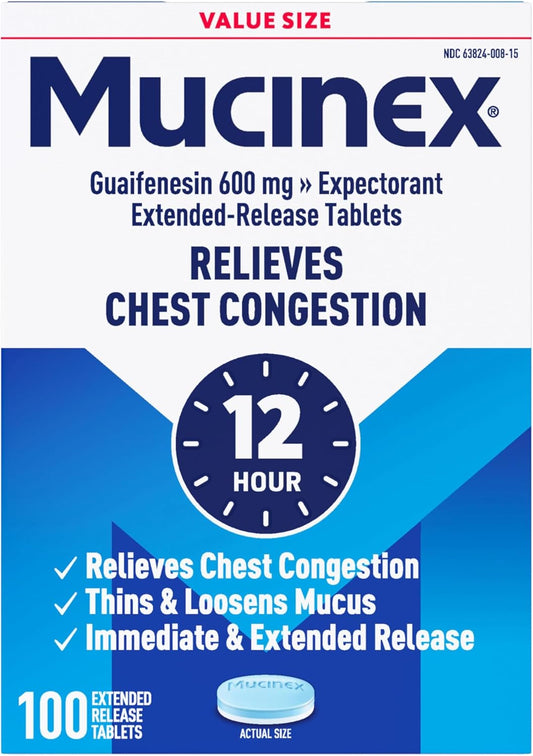 Mucinex 12 Hour 600 mg Guaifenesin Extended-Release Tablets for Excess Mucus Relief, Expectorant Aids Excess Mucus Removal, Chest Congestion Relief, 100 Bi-Layer Tablets