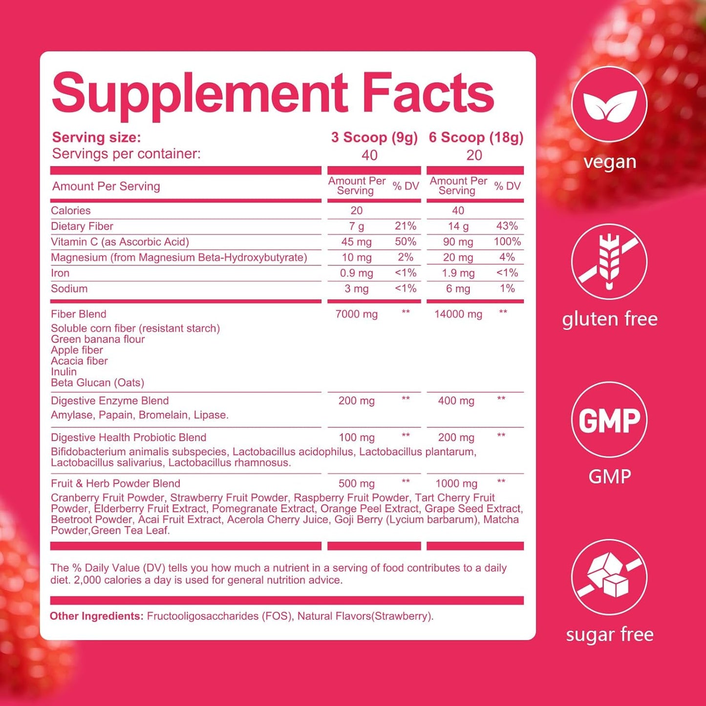 14G Fiber Supplement with Probiotics, Prebiotics, Digestive Enzymes, Vitamin C, Magnesium, Fruit&Herb Powder, Fiber Powder for Digestive Health & Skin Health, No Sugar, Strawberry, 40 Serv.