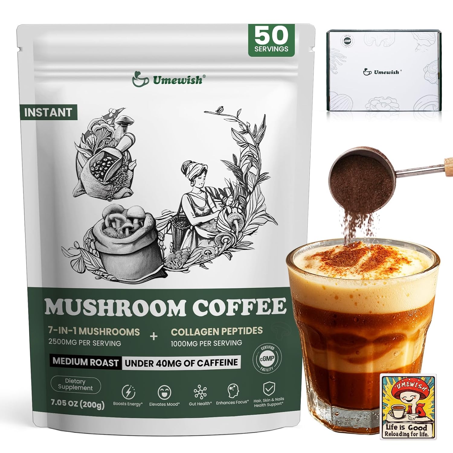 UMEWISH Mushroom Coffee Instant with Marine Collagen, Lion's Mane, Cordyceps, Turkey Tail, Chaga, Reishi for Energy, Focus, Digestion, Skin & Immunity, Keto Friendly(50 Days Supply)