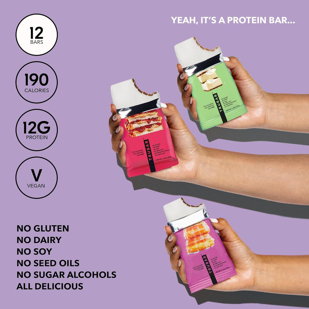 TRUBAR Vegan Protein Bar Variety Pack, Assorted Flavors, Donuts, PB & Jelly, Key Lime, Gluten Free, Vegan Protein Snacks, 12G Plant-Based Protein, High Fiber, Healthy Protein Bars, 12 CT