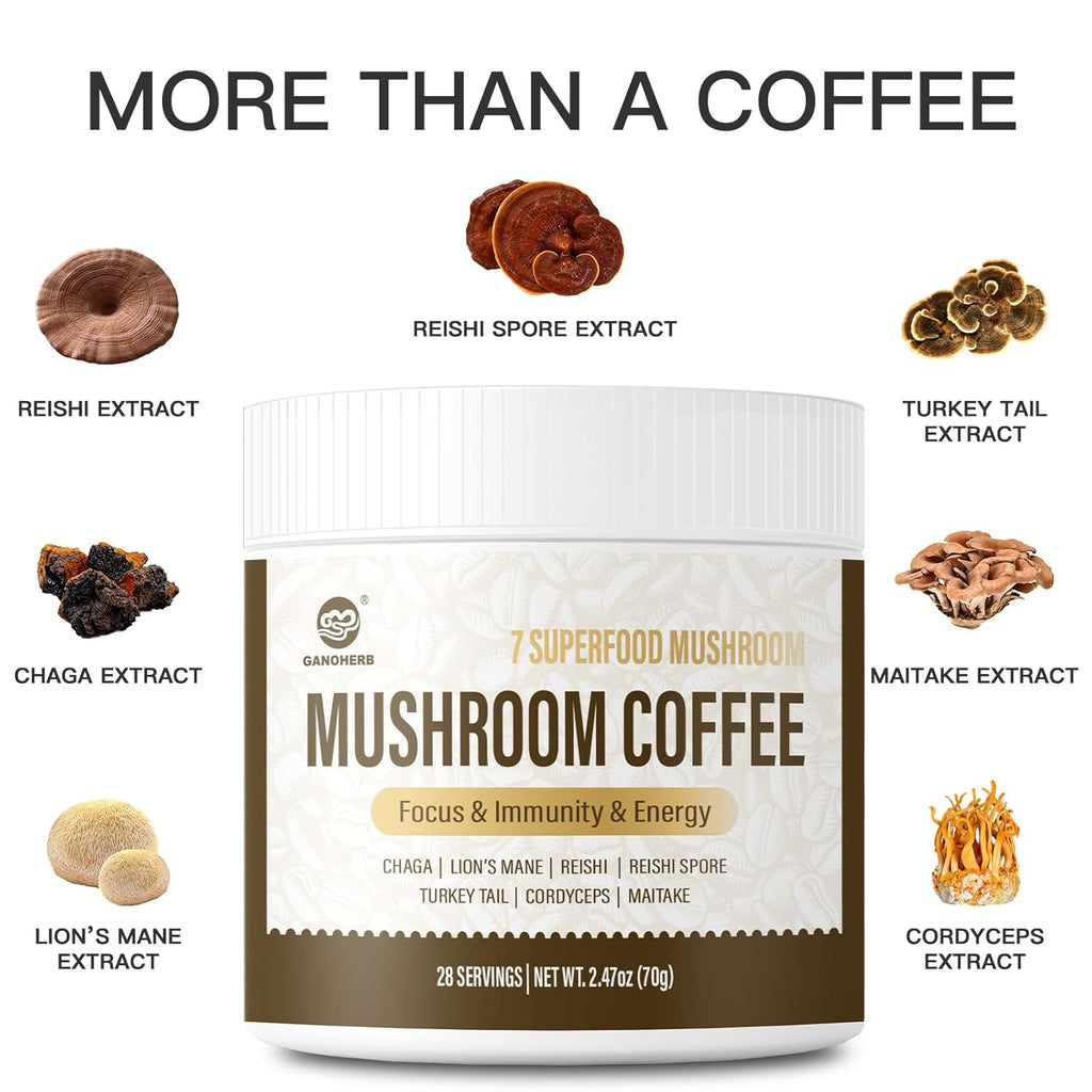 GANOHERB Mushroom Coffee Instant Powder, Medium Roast Arabica Coffee with Lion’s Mane, Chaga, Turkey Tail, Reishi, Maitake, Cordyceps for Focus & Energy, 28 Servings