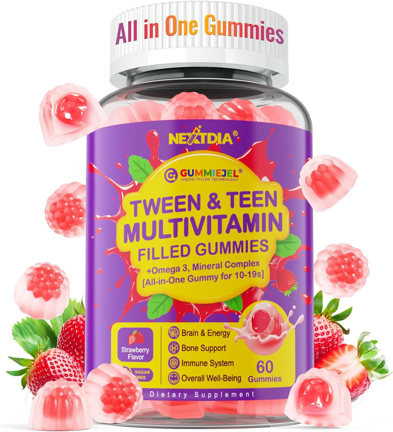 Multivitamin Filled Gummies for Teen Boys Girls 12-17, 18, 19, Kids 10+ Multivitamin with Omega 3, Calcium + Magnesium + Zinc, Multi-Minerals for Adolescent 10-19S Brain, Bone, Energy, Immune