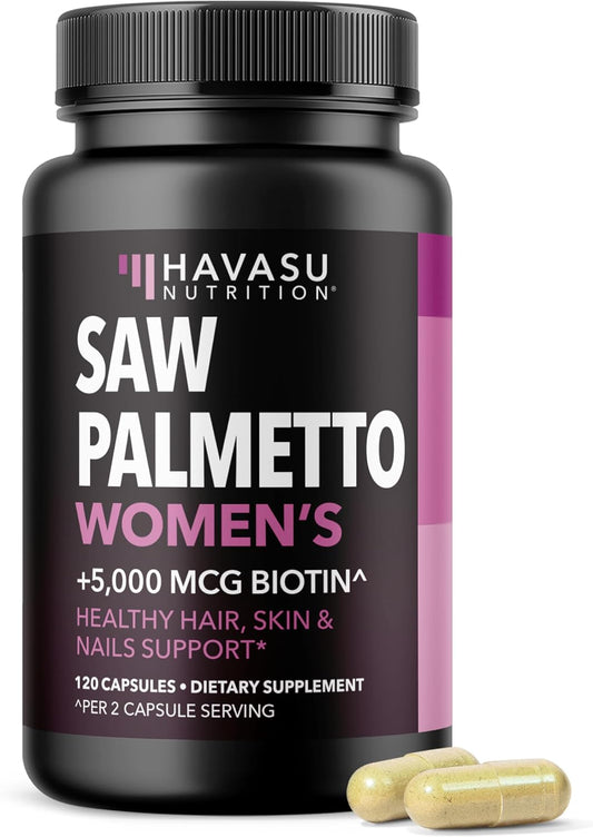 Saw Palmetto for Women with Biotin 5000mcg - Powerful DHT Blocker to Support Hair, Skin, and Nail Health - 120 Count - Vegan, Non-GMO Vitamin for Stronger, Fuller Looking Locks - 2 Month Supply
