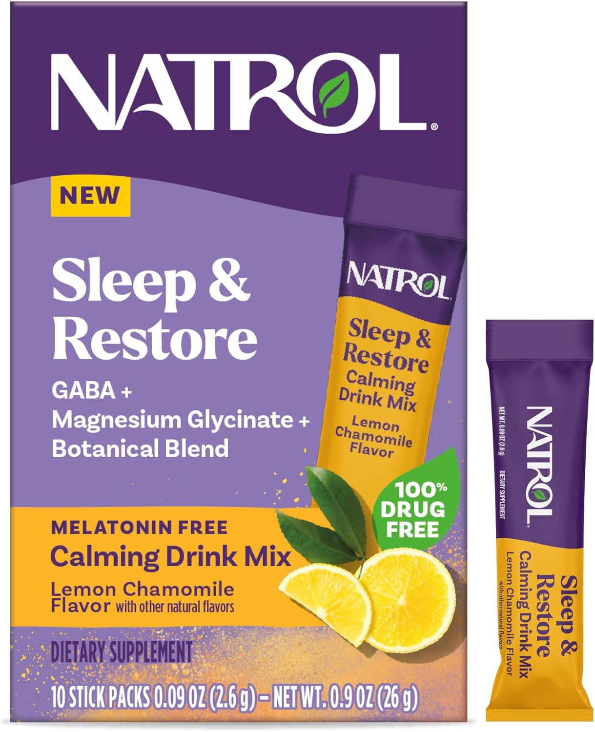 Natrol Sleep + Restore Calming Drink Mix with Magnesium Glycinate, Magnesium Sleep Aid, Melatonin-Free, Lemon Chamomile, 10 Stick Packs