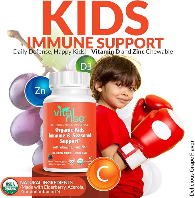 Kids Immune Support Chewables – USDA Organic – Vitamin C, D3, Zinc Supplements & Elderberry – Vegan, Non-GMO, Gluten Free – Seasonal Immune Defense for Children Ages 4+ – 60 Count