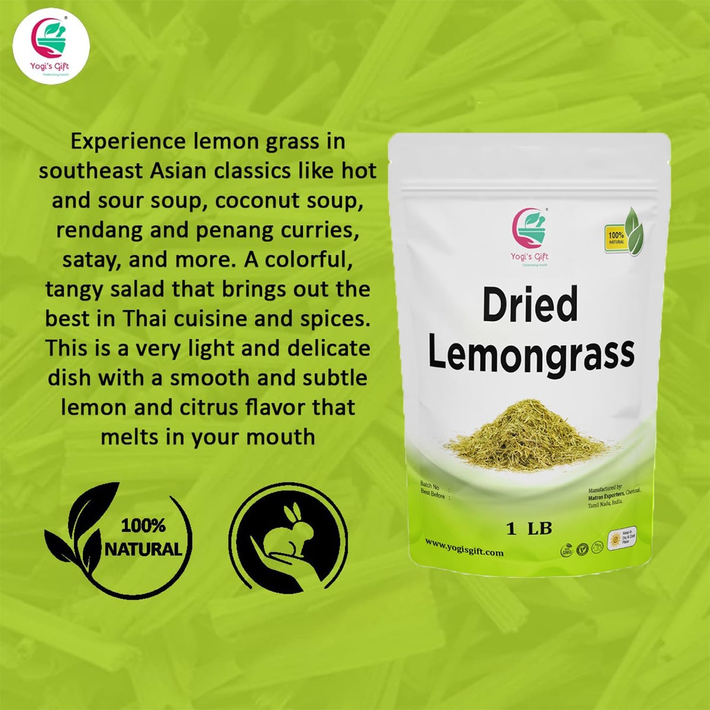 Dried Lemongrass 1 LB | Cut and Sifted Loose Leaf | Aroma Rich Lemon Grass | by Yogi's Gift ®