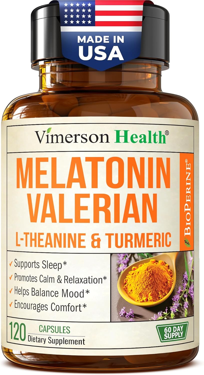 Melatonin Sleep Aid with L Theanine & Valerian Root – Turmeric Supplement – Turmeric Curcumin with Ginger & Black Pepper – L-Theanine & Melatonin 3mg for Sleep, Calm and Stress Relief – 120 Capsules