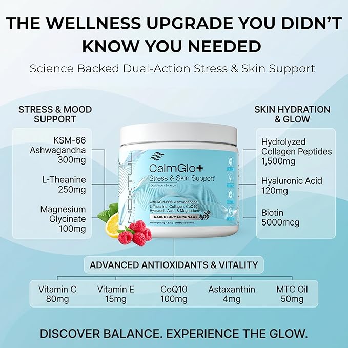 CalmGlo+ Stress & Skin Support Supplement Drink - Cortisol Reducer with Ashwagandha KSM-66, L-Theanine, Magnesium & Collagen Peptides - Adrenal Health & Mood Support - Raspberry Lemonade, 30 Servings