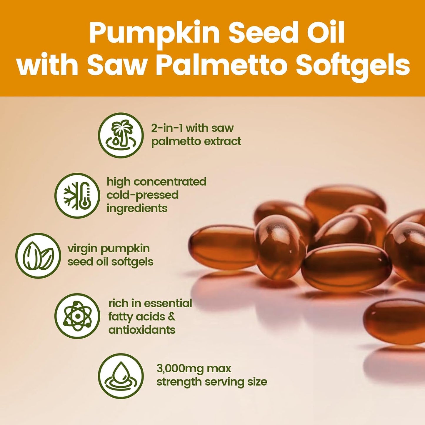 Pumpkin Seed Oil with Saw Palmetto Capsules | Cold Pressed, Pure Virgin Oil, Essential Fatty Acids & Phytosterols | 300 SoftgelsSupports Hair, Urinary, Bladder & Prostate Health, Non-GMO