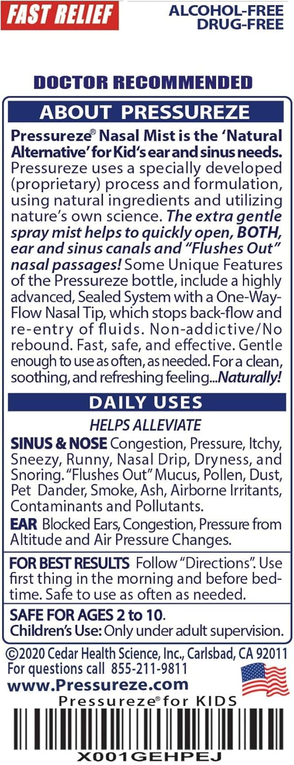 Pressureze All Natural Preservative-Free Sterile Nasal Spray for Children - Fast Relief Nasal Spray - for Sinus Allergies & Congestion | 130 Sprays, 18 ml