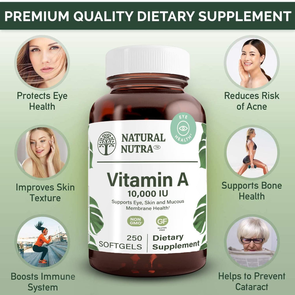 Natural Nutra Vitamin A 10,000 IU Softgels – High Potency Eye and Skin Vitamins – Gluten-Free Vitamin A Supplement for Sight & Skin Health – Fish Liver Oil for Men and Women, Gluten Free, 250 Softgels