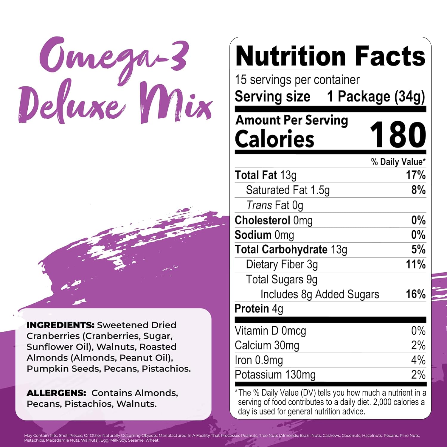 Nature's Garden Omega 3 Deluxe Mix - Trail Mix Nuts, Heart Healthy, Gluten Free, Cholesterol Free, Sodium Free, No Artificial Ingredients - 1.2 oz Bags (15 Individual Servings)