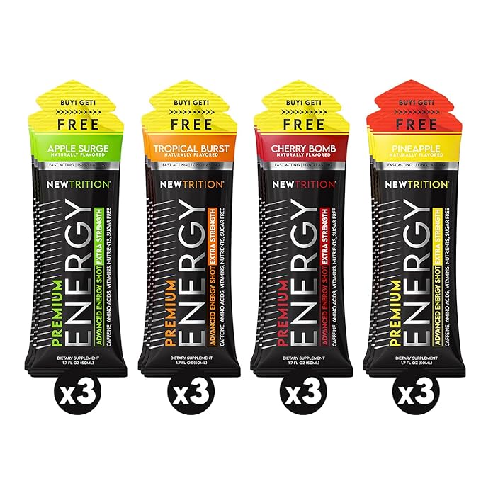 NewTrition® Extra Strength Energy Shots 1.7 fl oz - 250mg Caffeine with B Vitamins & Amino Acids, Sugar-Free Zero Calorie Vitamin Energy Drink for Focus & Endurance (Pack of 12, 4 Flavors - Mixed 2)