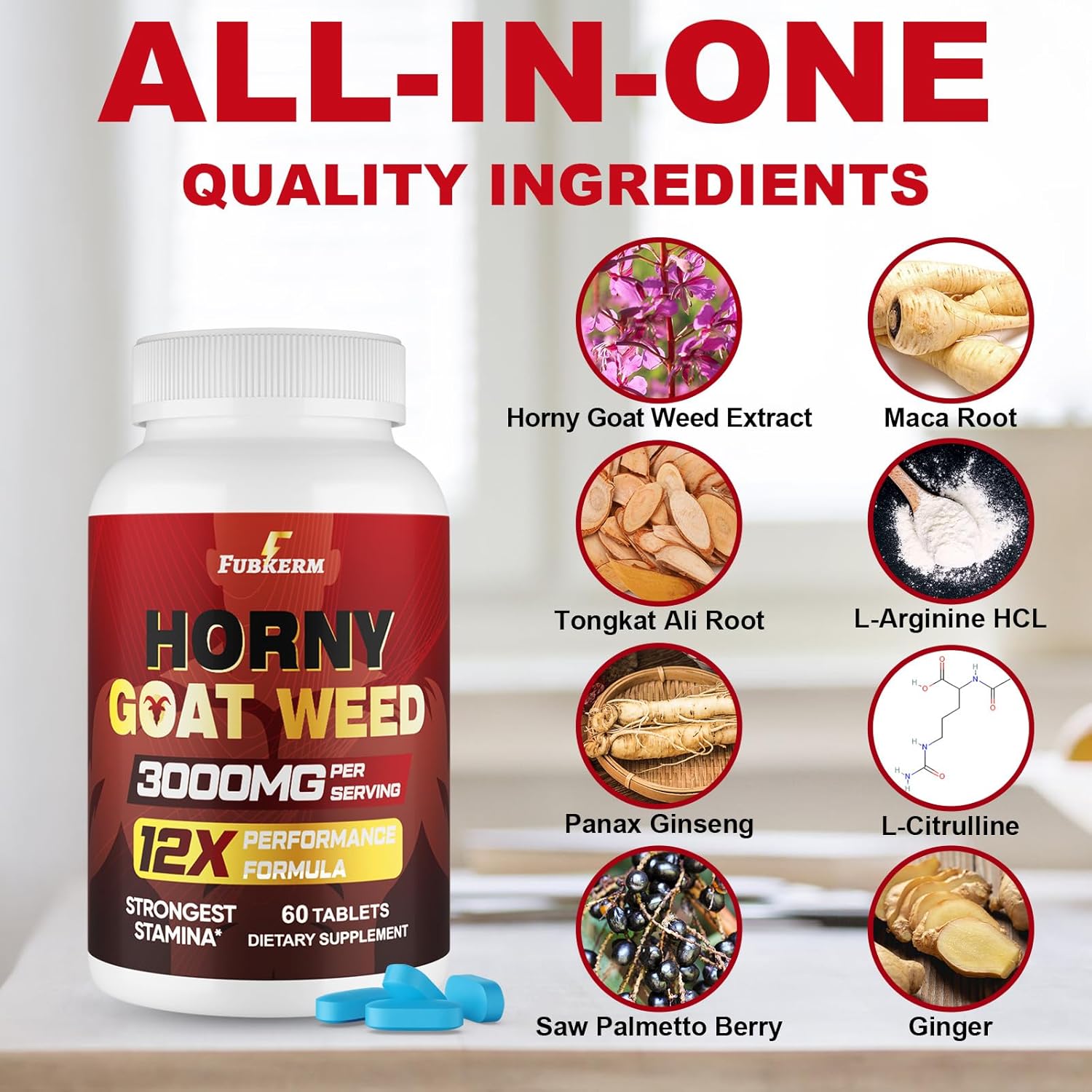 Hornygoatweed for Men, 12 in 1 Horny Goat Weed, Maximum Strength Male Enhancing Supplement with Maca Root, Tongkat Ali, Panax Ginseng, Saw Palmetto, for Hormone, Stamina, Performance, Energy, 60 Count