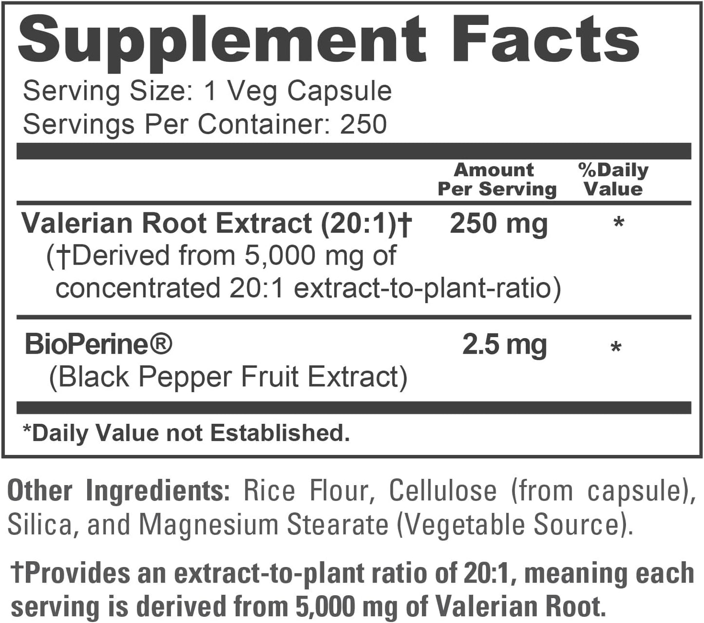 NusaPure Valerian Root 20:1 Extract, 250 mg Equivalent to 5000mg Per Veggie Caps, 250 Count, Vegan, Non-GMO, Bioperine