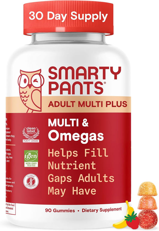 SmartyPants Multivitamin for Men & Women - Improved Formula: Multivitamin Gummies with Omega 3 (DHA/EPA), Vitamin D3, C, Vitamin B12, B6, A, K & Zinc, Biotin, Gluten Free, 90 Count (30 Day Supply)