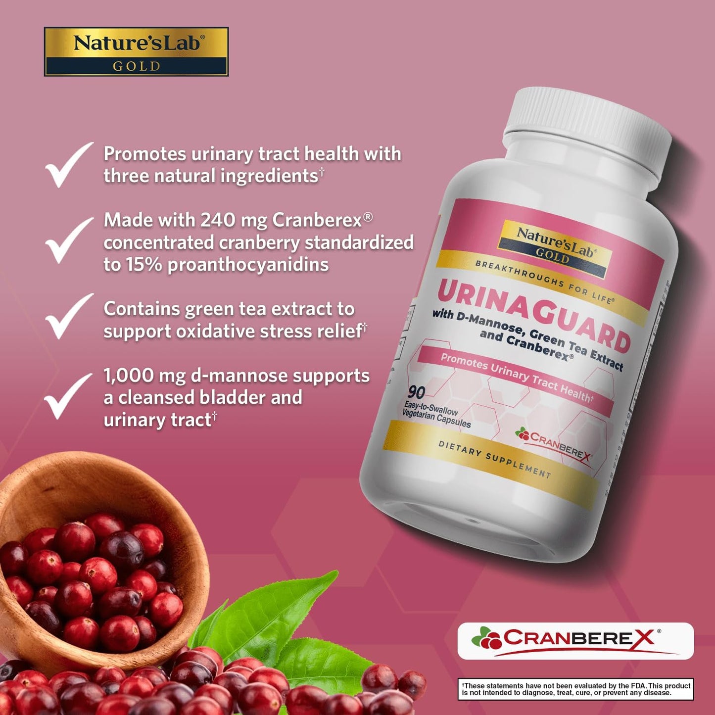 Nature's Lab Gold UrinaGuard - Premium Urinary Tract Support with D-Mannose, Cranberry Extract & Green Tea - 90 Vegetarian Capsules for Women's Bladder Health