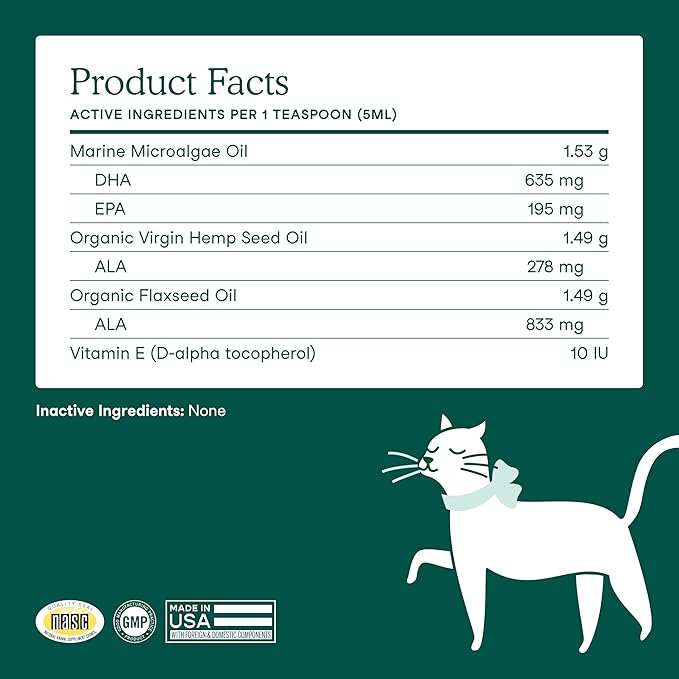 Fera Pets Algae Oil - Cats & Dogs Omega 3 Oil - Vegan - Immune, Heart, Brain, Skin and Coat Support - Includes Vitamin E, Organic Hemp Seed & Flaxseed Oil - 100% Plant Based Omega-3s - 8 oz