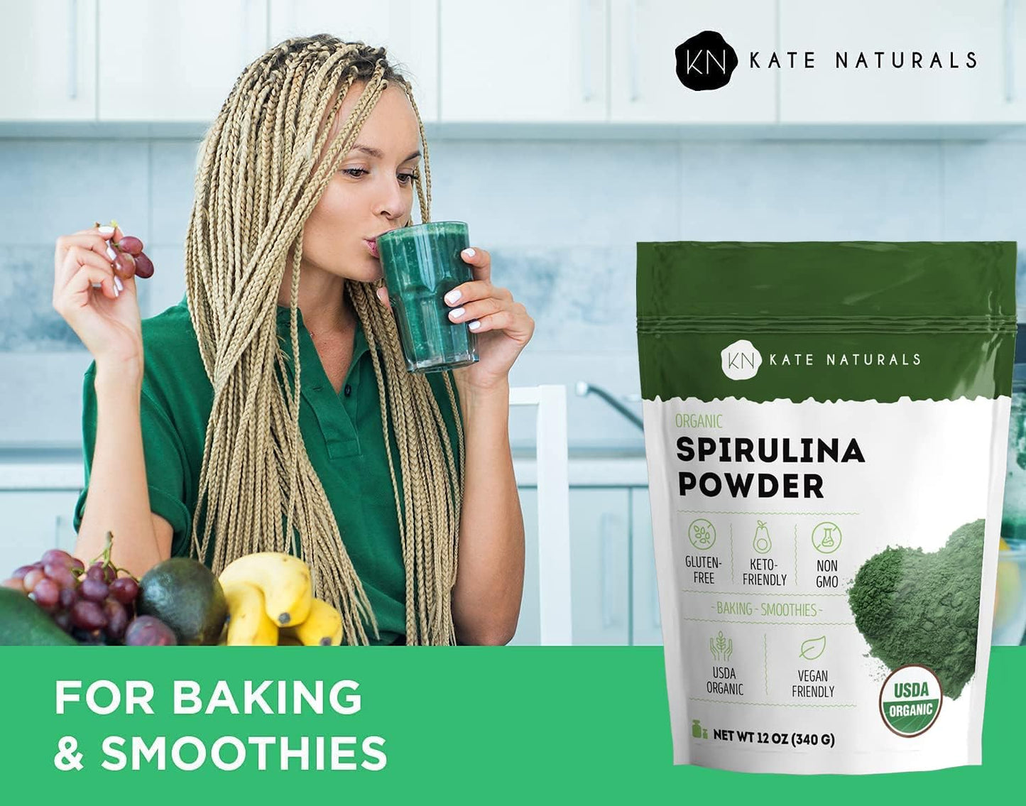 Kate Naturals Organic Spirulina Powder. Nutrient Dense Superfood Supplement (12 oz, USDA Certified, Non-GMO, Gluten- Free)