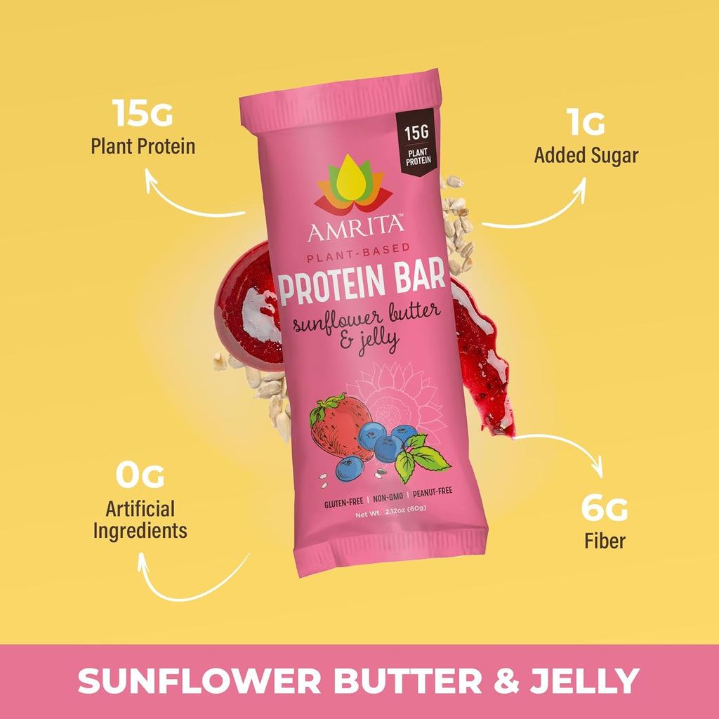 Amrita Nut Free Sunflower Butter & Jelly Vegan Protein Bars ( 12 CT PK of 3 ) | 11g Plant-Based Protein Bar | Peanut Free, Gluten Free, and Dairy Free | Low Sugar, High Fiber, Healthy School-Safe Snacks