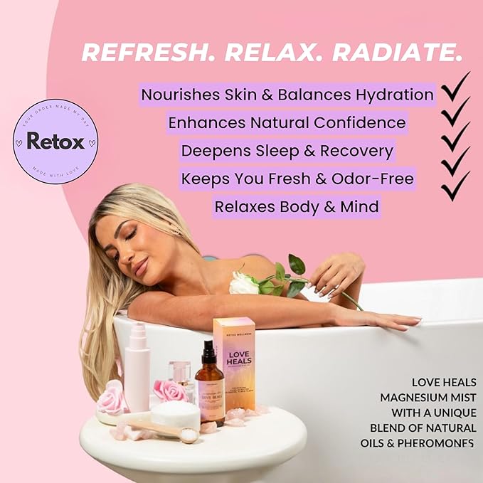 LOVE HEALS Magnesium Mist| Pure Magnesium Oil Spray with Lavender & Vanilla| Body & Foot Spray Refreshes Tired Skin| Calming Essential Oils for Relaxing & Uplifting Feel, 4oz