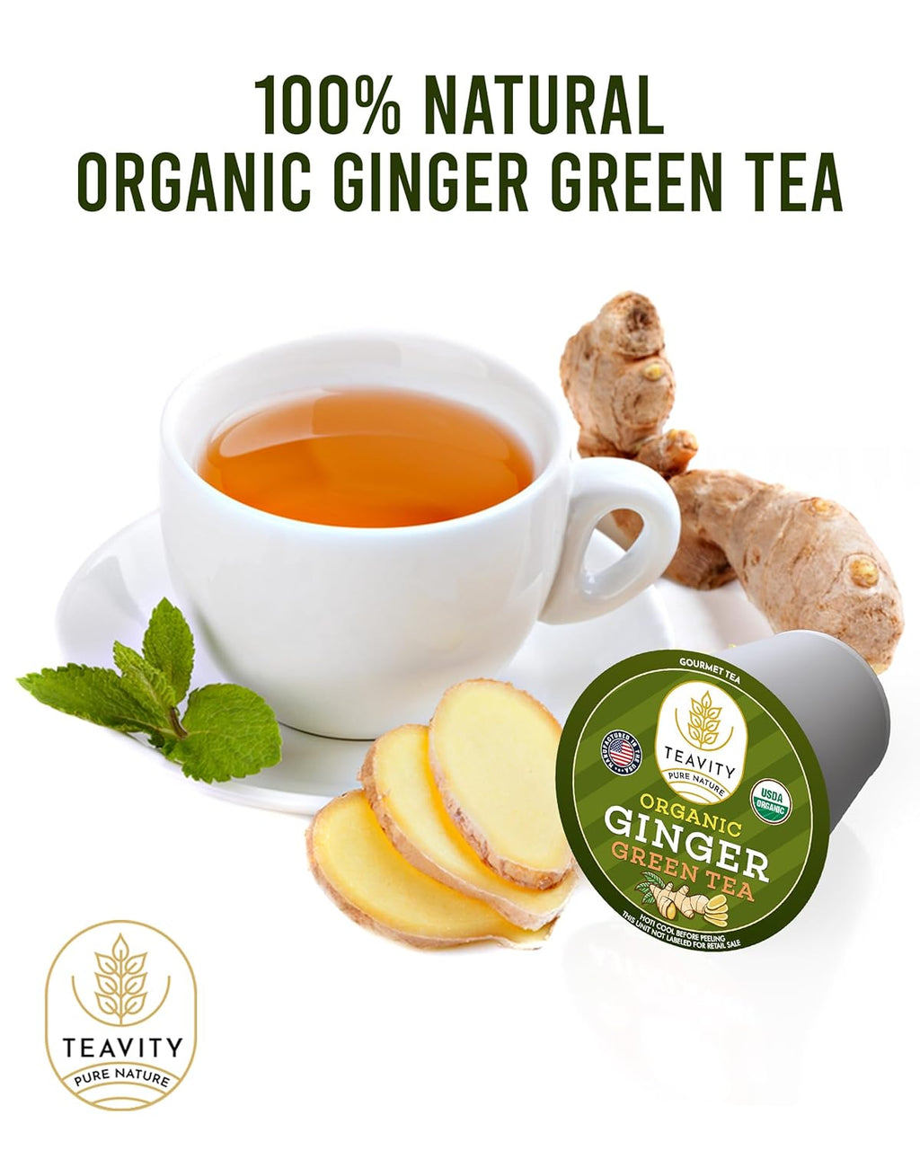 Green Tea & Ginger Tea Pods for Keurig - Caffeinated, Organic, Dye Free, Unsweetened, Herbal Blend for K Cup Machines - Hot or Iced (24 Tea Pods)
