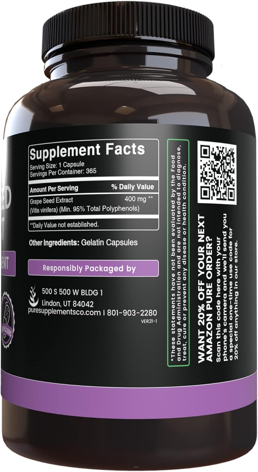 Pure Original Ingredients Grape Seed Extract (365 Capsules) No Magnesium Or Rice Fillers, Always Pure, Lab Verified
