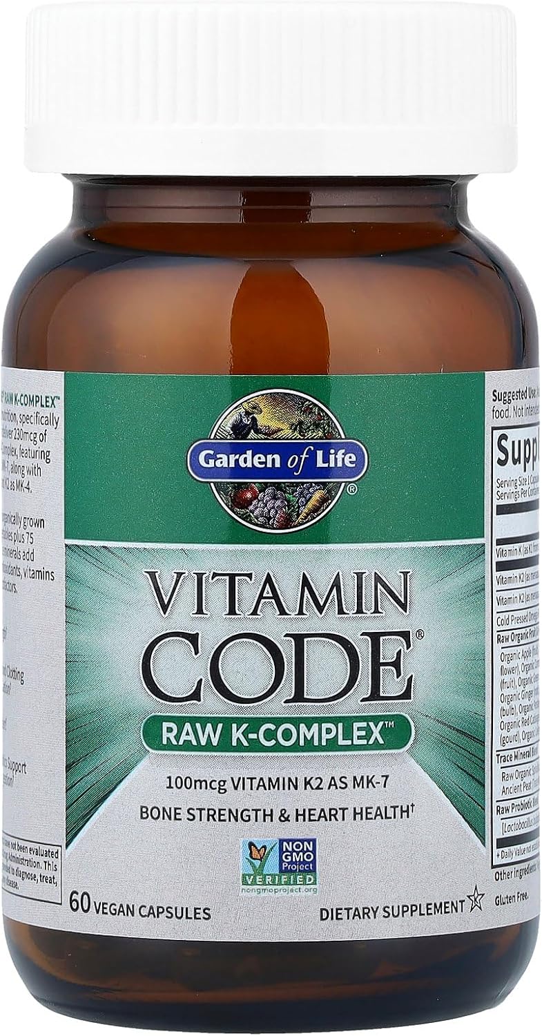 Garden of Life Vitamin K2 and K1, Vitamin Code Vegan K Complex Vitamin for Bone Strength and Heart Health, Omega Rich Flax Seed Oil, Trace Minerals, Probiotics, 60 Day Supply