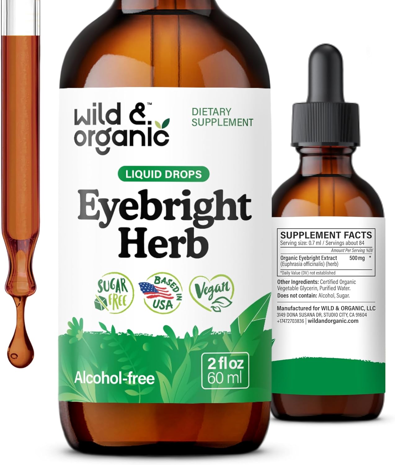 Wild & Organic Eyebright Herb Tincture - Eye Support with Eyebright Supplement - Dietary Euphrasia Extract Liquid Drops - Vegan, Sugar Alcohol-Free - 2 fl oz