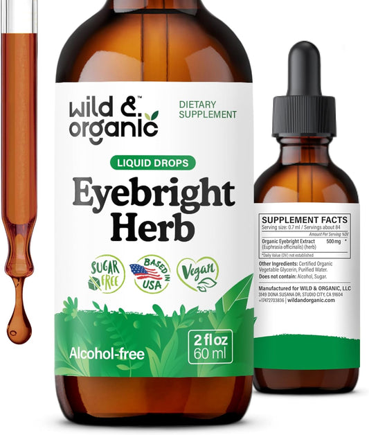 Wild & Organic Eyebright Herb Tincture - Eye Support with Eyebright Supplement - Dietary Euphrasia Extract Liquid Drops - Vegan, Sugar Alcohol-Free - 2 fl oz