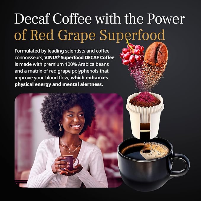 VINIA Decaf Medium Dark Roast with Red Grape Piceid Resveratrol, Nitric Oxide for Heart Health, Alertness, Physical Energy & Blood Flow Circulation. 60ct K-Cup Pods