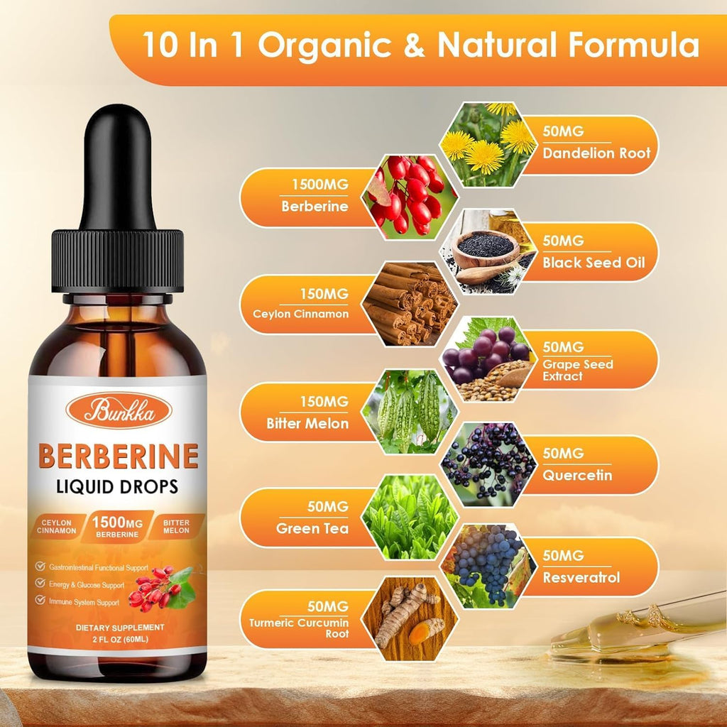 (2 Pack) Berberine Supplement, Berberine Liquid Drops with Ceylon Cinnamon, Bitter Melon, Sugar-Free & Vegan Supplement Supports Immune System & Gastrointestinal Care - 4 FL Oz