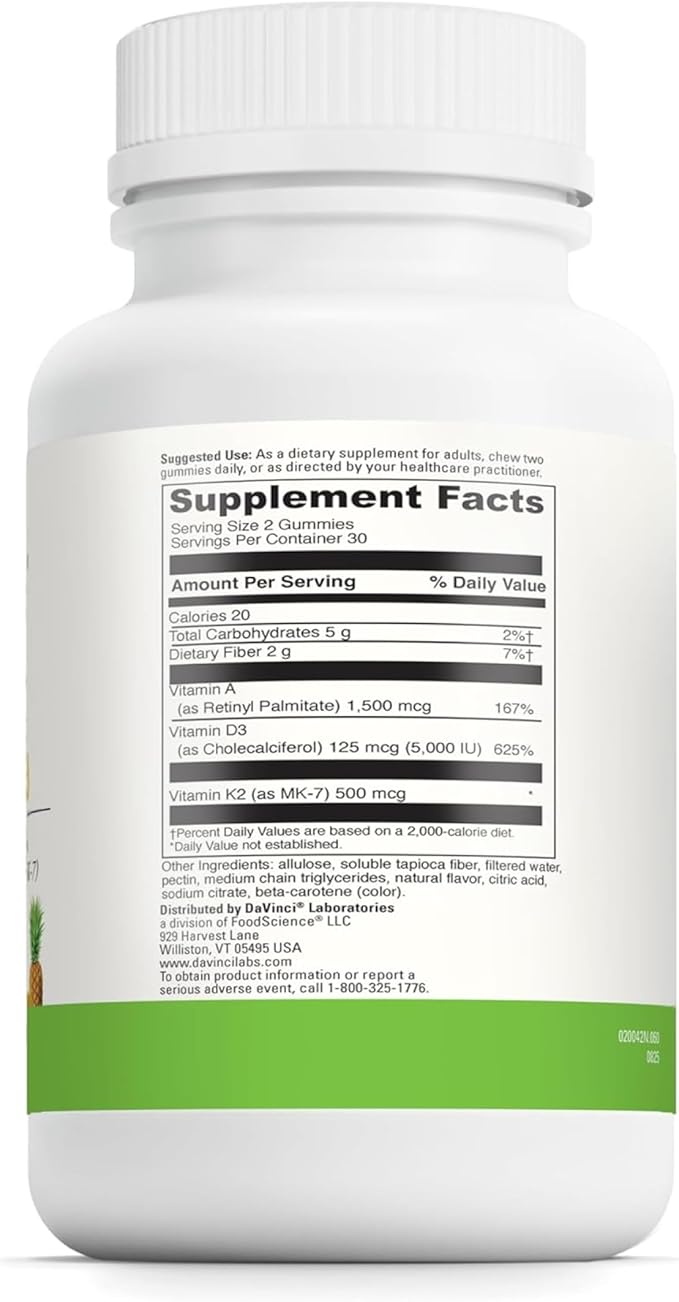 DAVINCI Labs ADK Gummies - Helps Support Bone Health & Immune Response* - Multivitamin Gummy with Vitamins A, D3 & MK-7 - Vegetarian, Gluten Free, Soy Free - Pineapple Flavor - 60 Gummies