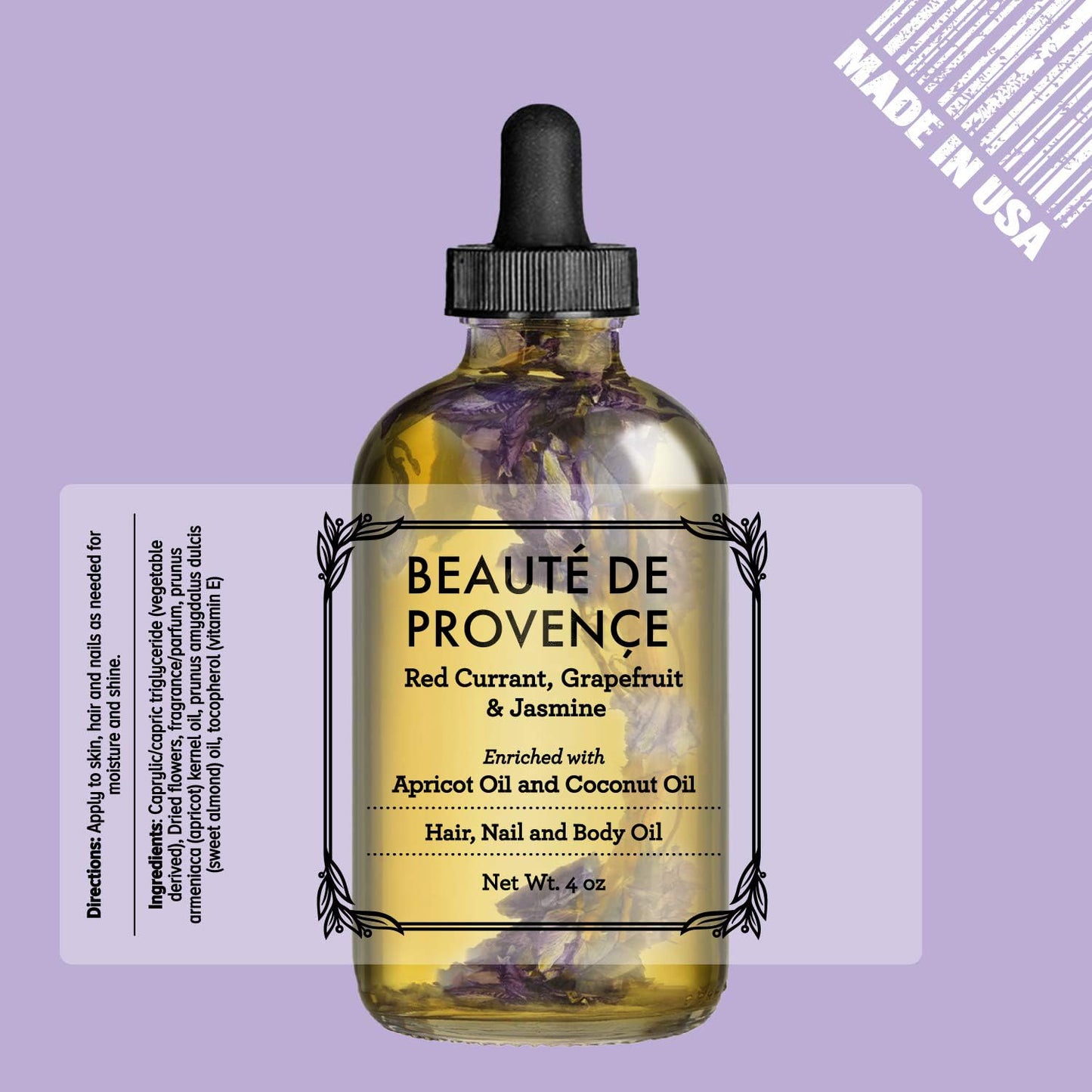 BEAUTE DE PROVENCE Lavender Multi-Use Oil for Face, Body and Hair - Organic Blend of Apricot, Vitamin E, Fractionated Coconut and Sweet Almond Oil Moisturizer for Dry Skin, Scalp and Nails - 4 Fl Oz