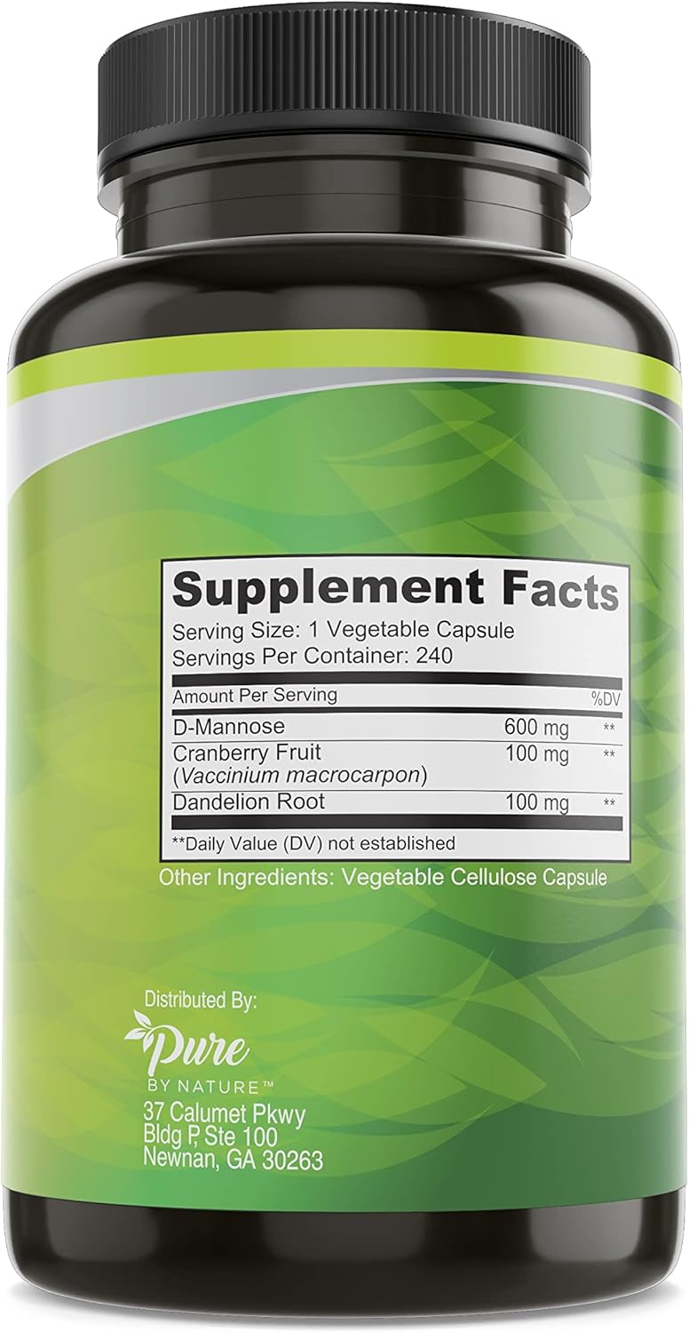 Pure By Nature 600mg D-Mannose Vegan Capsules with Cranberry & Dandelion Extract, Urinary Tract Health Support, Flush Impurity, Detox Body, 240 Count