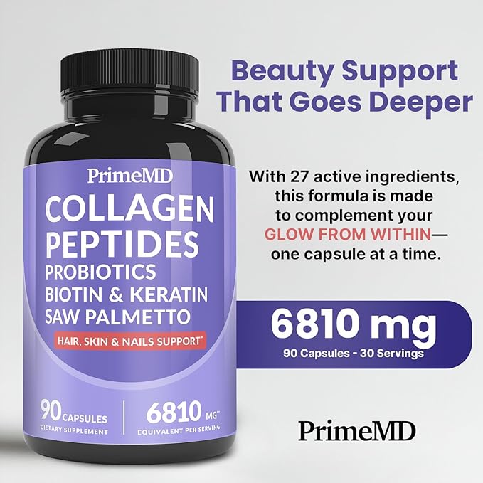 27-in-1 Hair Skin and Nails Vitamins (6810mg) with Biotin 10000mcg - Collagen Supplements for Men and Women - Keratin Supplements with Probiotics and Saw Palmetto, 90ct (2-Pack)