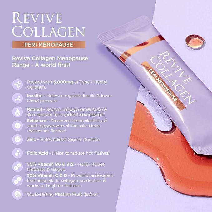 Revive Collagen Perimenopause — Hydrolyzed Marine Collagen Drink for Women, 5,000MG, Inositol, Selenium, Vitamin B6-B12, C & D, Supports Skin Health, Reduces Fatigue, Passionfruit Flavour — 14 Sachets